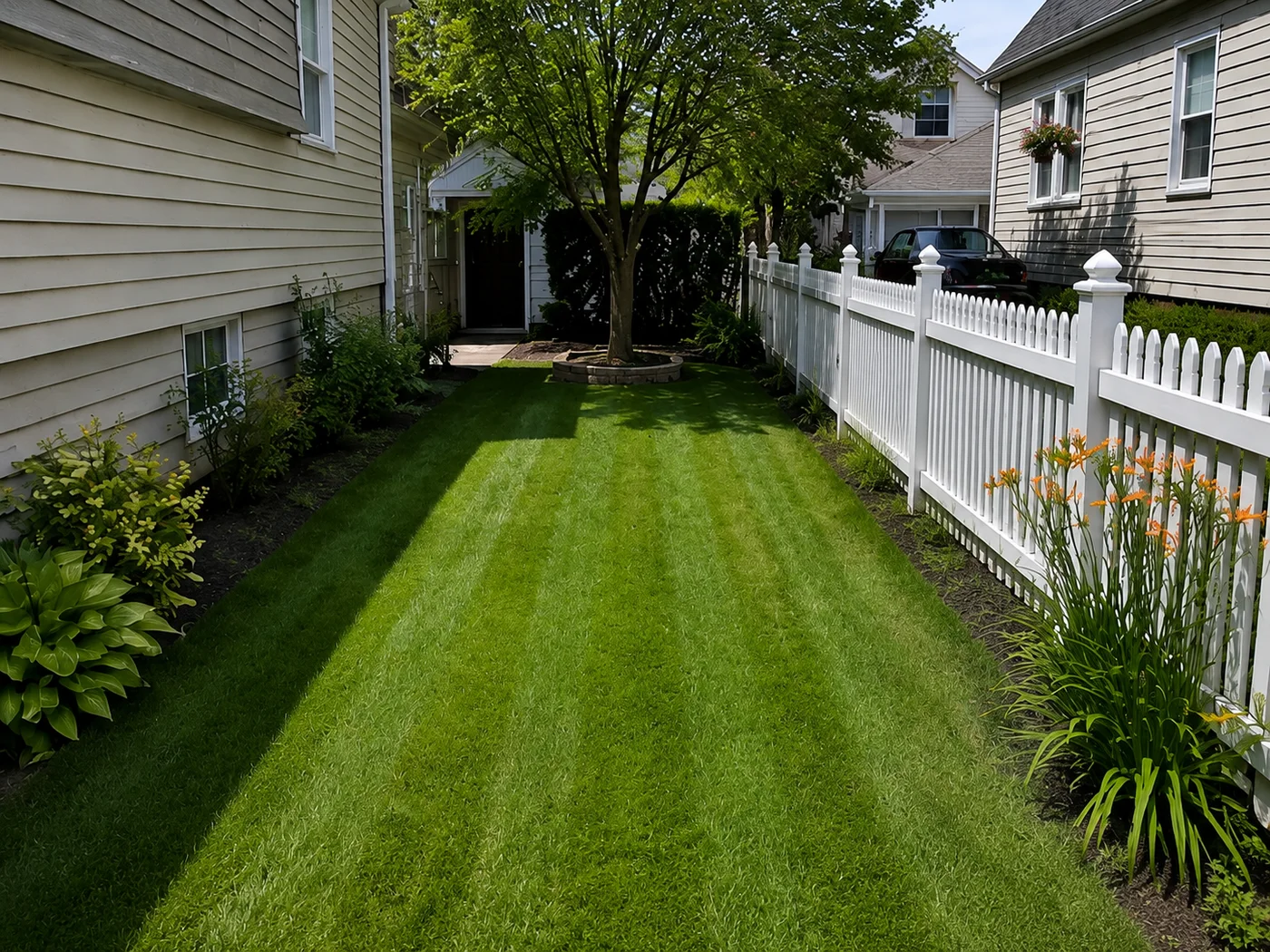 Residential lawn image representing mulch installation service